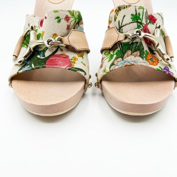 Gucci Horsebit Platform Floral Mules Sandals Heels Size 38, 8 - Picture 10 of 12